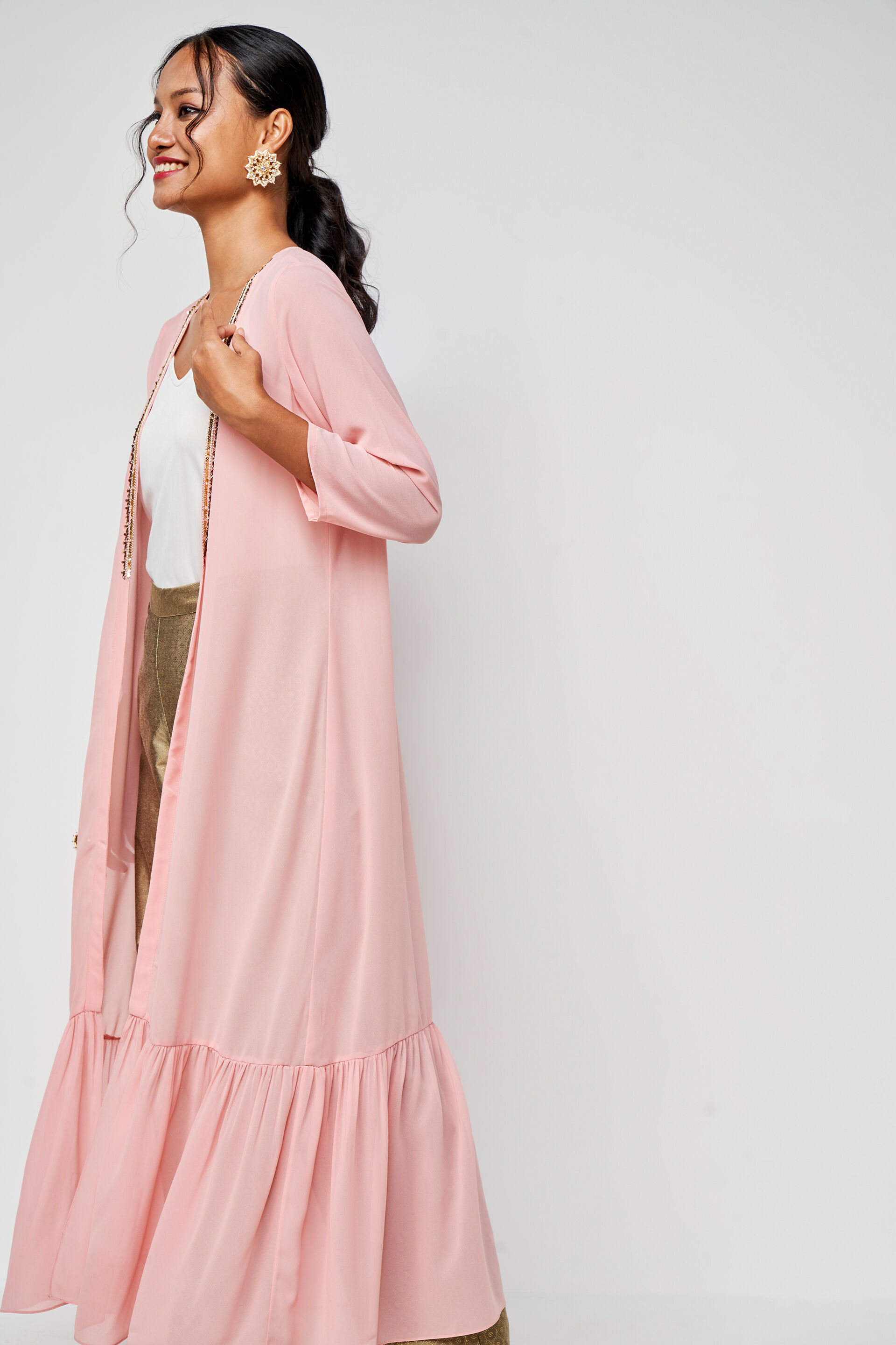 Pink Solid Embroidered Shirt Style Shrug, Pink, image 4